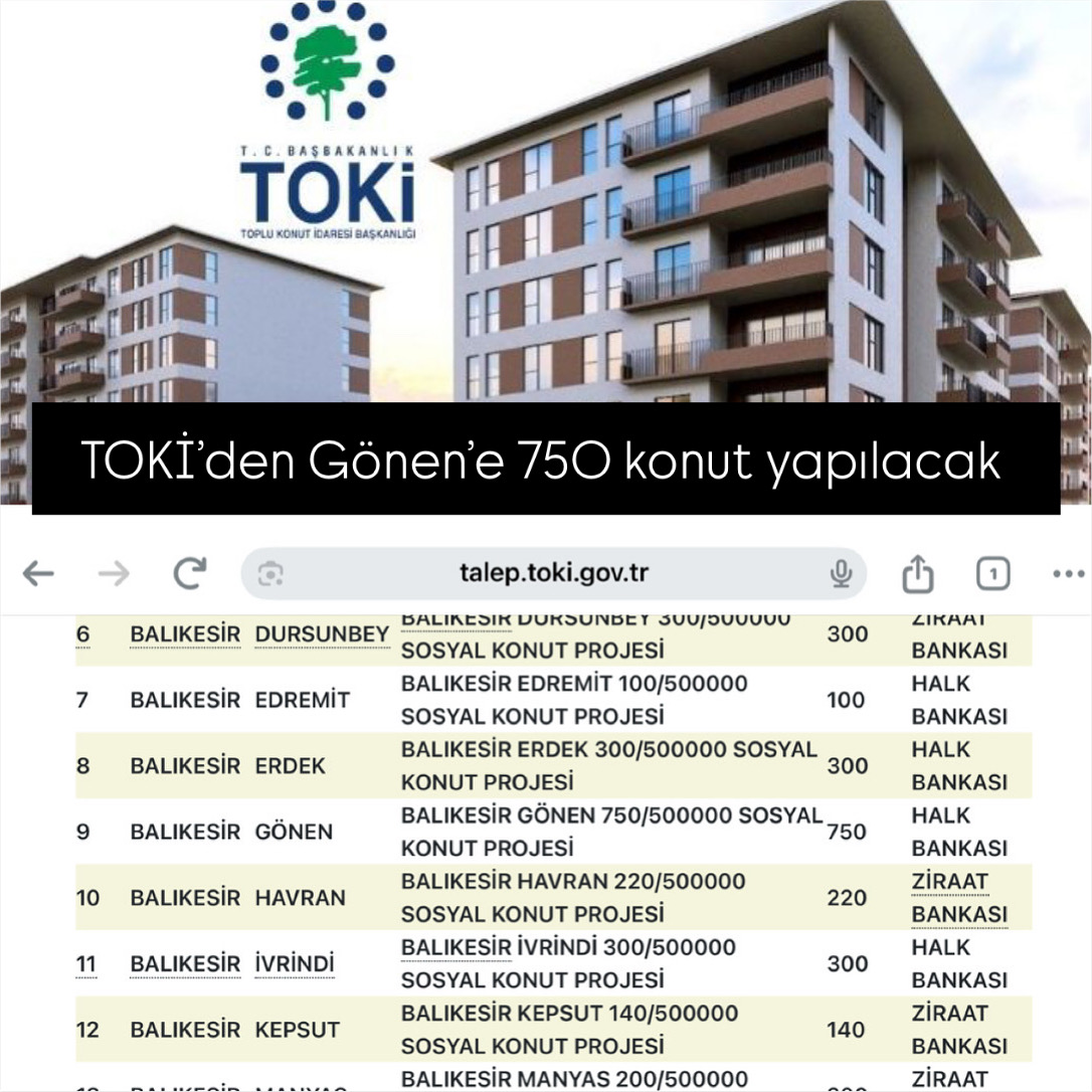 📍 TOKİ’den Gönen’e 750 Yeni Sosyal Konut yapılacak ;
